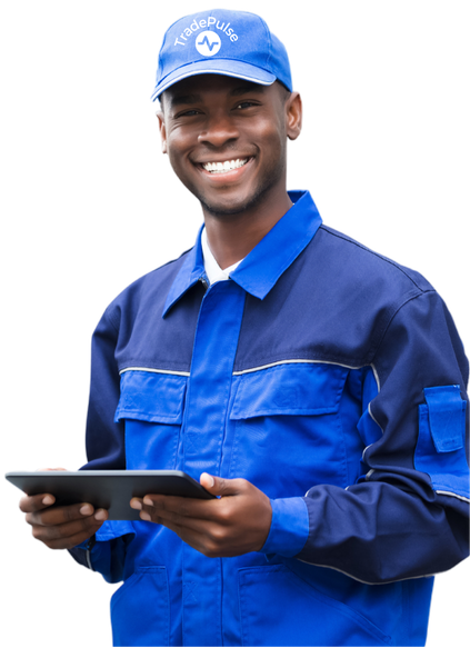 A smiling TradePulse agent in a blue cap and jacket holding a tablet, on a white background