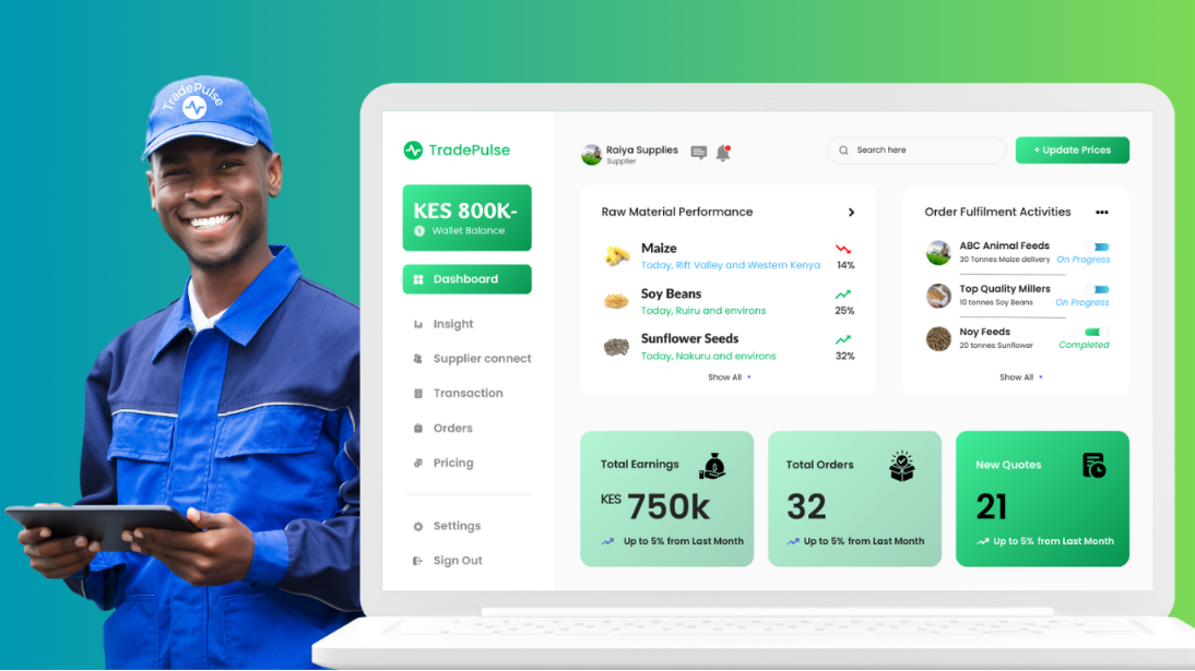 A TradePulse agent beside a laptop showing the supplier dashboard with balances, orders and quotes